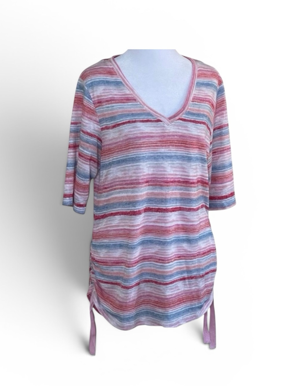 Democracy Pink Blue White Stripes Knit Top Short Sleeves Drawstring Sides, L - Picture 2 of 12